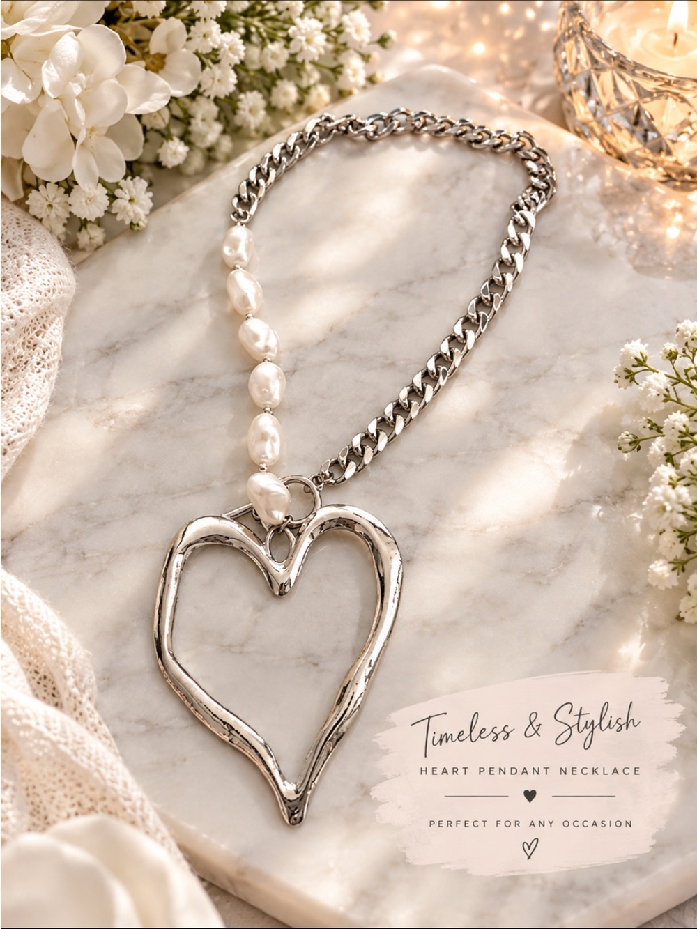 Timeless & Stylish Silver Heart Pendant Necklace with Pearls